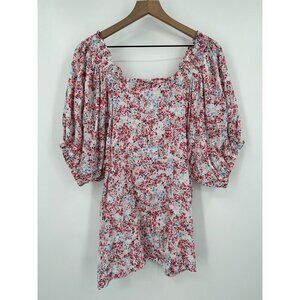 Oddy Blouse Women 3X White Floral Smock Square Neck Short Puff Sleeve